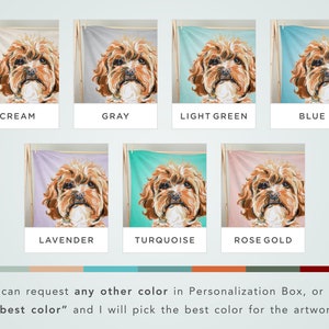 K&ouml;nnte beinhalten: Eine Collage von Bildern, die verschiedene Farboptionen f&uuml;r ein individuelles Haustierportr&auml;t auf einer Decke zeigen. Die Bilder zeigen einen Hund mit braunem Fell auf einem cremefarbenen, grauen, hellgr&uuml;nen, blauen, lavendelfarbenen, t&uuml;rkisfarbenen und ros&eacute;goldenen Hintergrund.