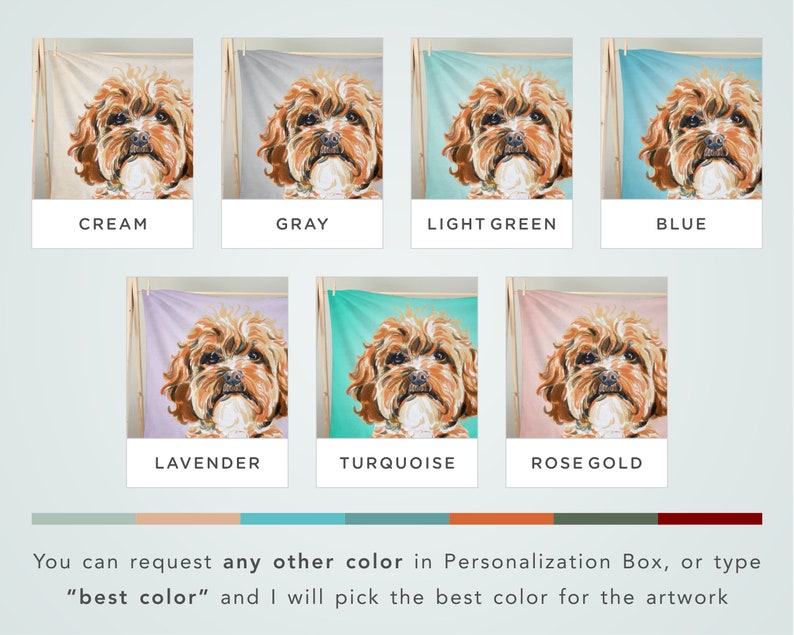 K&ouml;nnte beinhalten: Eine Collage von Bildern, die verschiedene Farboptionen f&uuml;r ein individuelles Haustierportr&auml;t auf einer Decke zeigen. Die Bilder zeigen einen Hund mit braunem Fell auf einem cremefarbenen, grauen, hellgr&uuml;nen, blauen, lavendelfarbenen, t&uuml;rkisfarbenen und ros&eacute;goldenen Hintergrund.