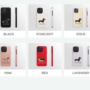 K&ouml;nnte beinhalten: Ein Set mit zehn Handyh&uuml;llen in verschiedenen Farben und Designs. Jede H&uuml;lle zeigt eine Dackel-Illustration und einen personalisierten Text. Die Farben umfassen Schwarz, Sternenlicht, Gold, Rosa, Rot und Lavendel.