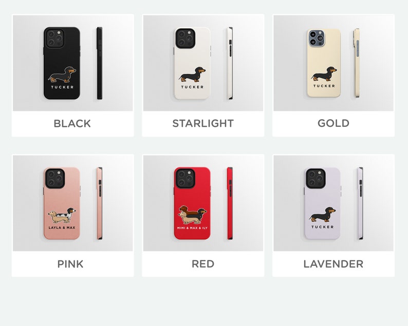 K&ouml;nnte beinhalten: Ein Set mit zehn Handyh&uuml;llen in verschiedenen Farben und Designs. Jede H&uuml;lle zeigt eine Dackel-Illustration und einen personalisierten Text. Die Farben umfassen Schwarz, Sternenlicht, Gold, Rosa, Rot und Lavendel.
