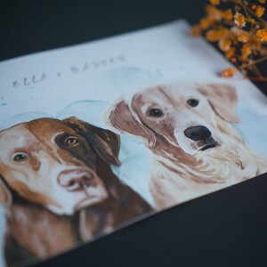 Puede incluir: Pintura acuarela de dos perros, uno marr&oacute;n y otro dorado, con el texto "Ella & Baxter" en la parte superior.