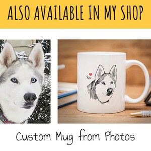 May include: A white ceramic mug with a black and white line drawing of a husky dog and the name "Kira" printed on it. The mug is on a wooden surface with a book and a pen.