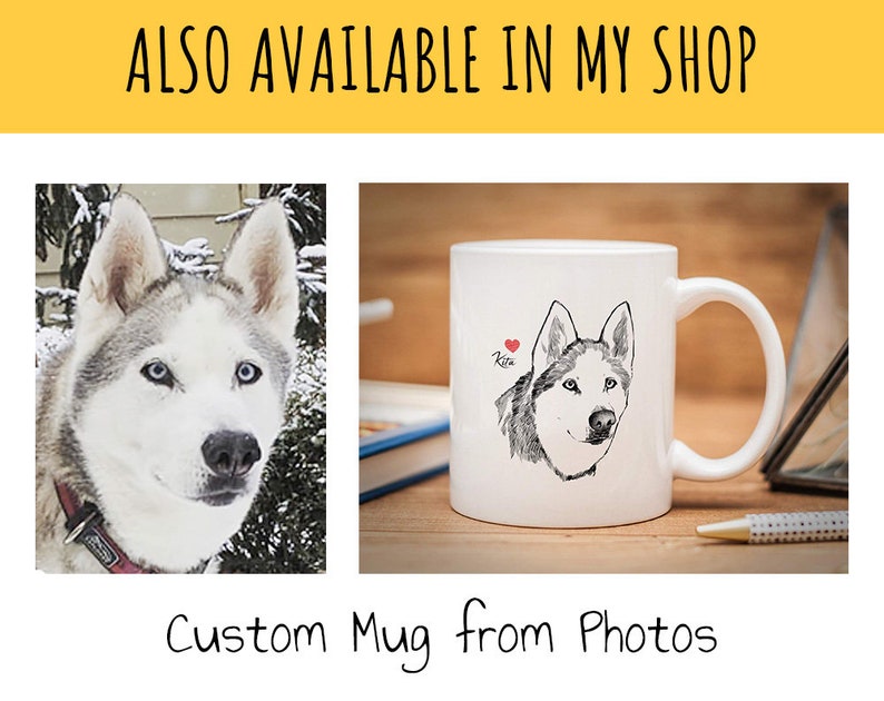 May include: A white ceramic mug with a black and white line drawing of a husky dog and the name "Kira" printed on it. The mug is on a wooden surface with a book and a pen.