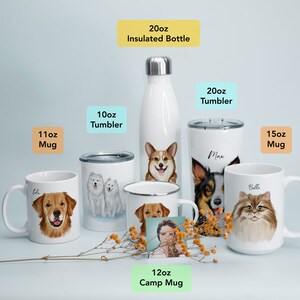 K&ouml;nnte beinhalten: Ein Set personalisierter Becher, Tumbler und einer Wasserflasche mit verschiedenen Hunde- und Katzenillustrationen. Die Becher sind 11 oz, 12 oz und 15 oz. Die Tumbler sind 10 oz und 20 oz. Die Wasserflasche ist 20 oz.