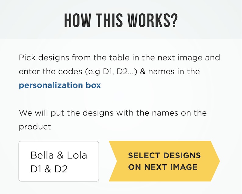 May include: A yellow arrow pointing to the right with the text "SELECT DESIGNS ON NEXT IMAGE". Below the arrow is a white box with the text "Bella & Lola D1 & D2". The text explains how to personalize a product by selecting designs from a table in the next image and entering the codes and names in a personalization box.