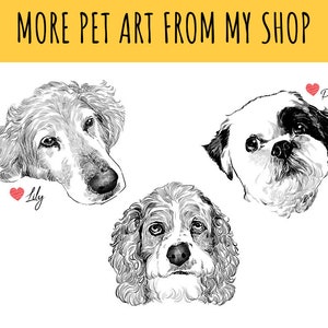 May include: Black and white line drawings of three dogs' faces. The dogs are a Golden Retriever, a Shih Tzu, and a Cocker Spaniel. The names Lily, Pax, and the word "More Pet Art From My Shop" are written in red.