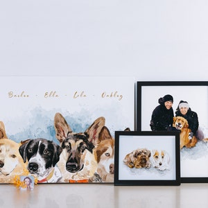May include: A watercolor painting of four dogs with their names "Barlee", "Ella", "Lola", and "Oakley" written above them. The painting is framed and displayed on a white wall next to a framed photo of a couple with a dog.