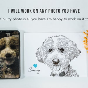 May include: A black and white line drawing of a dog with the name "Sammy" written below it. A blue heart is above the name.