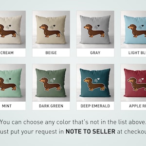 Puede incluir: Un conjunto de 10 fundas de coj&iacute;n que presentan un dachshund de dibujos animados con un coraz&oacute;n y la palabra "Lilly" en cada coj&iacute;n. Las fundas de coj&iacute;n est&aacute;n disponibles en 10 colores diferentes: crema, beige, gris, azul claro, menta, verde oscuro, verde esmeralda, rojo manzana y dos colores m&aacute;s que no se muestran en la imagen. Puedes elegir cualquier color que no est&eacute; en la lista anterior. Simplemente escribe tu solicitud en la NOTA AL VENDEDOR al finalizar la compra.