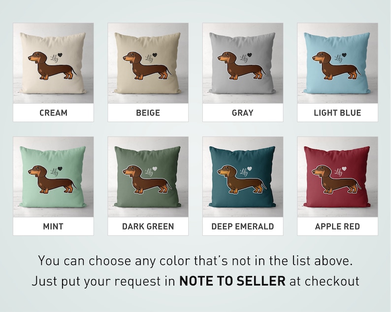 Puede incluir: Un conjunto de 10 fundas de coj&iacute;n que presentan un dachshund de dibujos animados con un coraz&oacute;n y la palabra "Lilly" en cada coj&iacute;n. Las fundas de coj&iacute;n est&aacute;n disponibles en 10 colores diferentes: crema, beige, gris, azul claro, menta, verde oscuro, verde esmeralda, rojo manzana y dos colores m&aacute;s que no se muestran en la imagen. Puedes elegir cualquier color que no est&eacute; en la lista anterior. Simplemente escribe tu solicitud en la NOTA AL VENDEDOR al finalizar la compra.