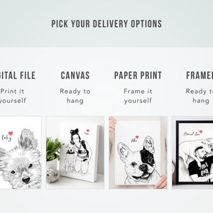 May include: Four different options for purchasing a custom pet portrait: digital file, canvas print, paper print, and framed print. Each option shows a different example of a pet portrait, including a dog, a cat, and a person with their dog. The text "Pick Your Delivery Options" is at the top of the image.