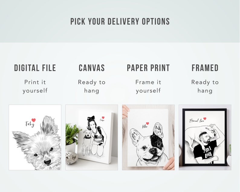 May include: Four different options for purchasing a custom pet portrait: digital file, canvas print, paper print, and framed print. Each option shows a different example of a pet portrait, including a dog, a cat, and a person with their dog. The text "Pick Your Delivery Options" is at the top of the image.