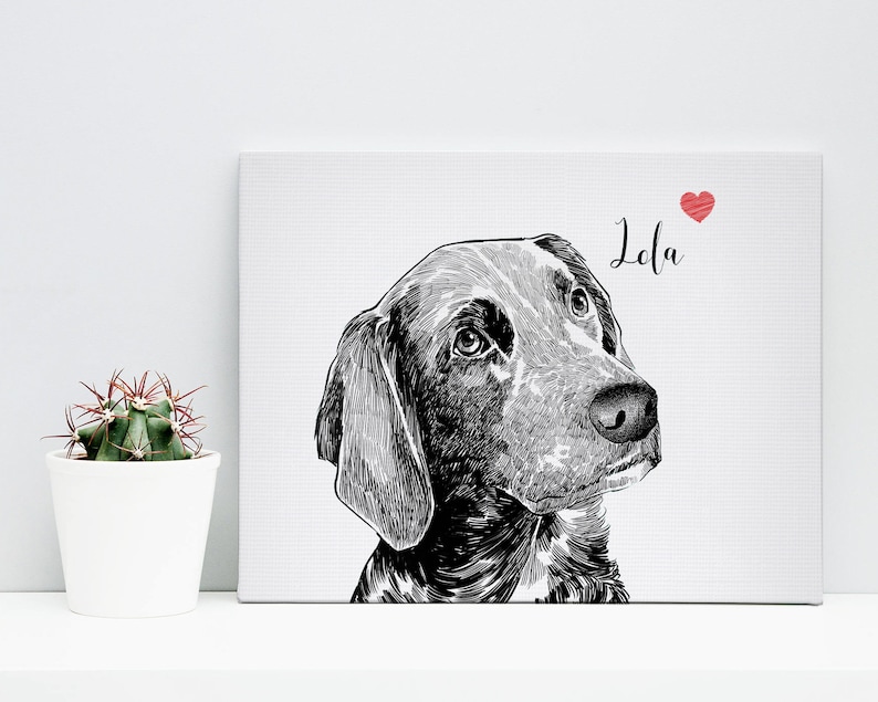 May include: Black and white illustration of a dog's head with the name "Lola" and a red heart above it.
