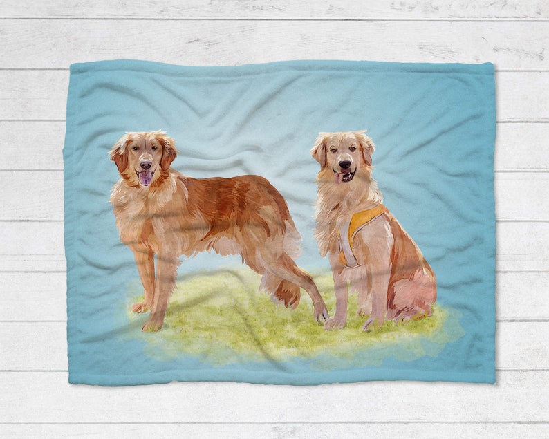K&ouml;nnte beinhalten: Zwei Golden Retriever auf einer blauen und wei&szlig;en Fleece-Decke. Ein Hund tr&auml;gt eine gelbe Weste. Die Hunde stehen auf einem St&uuml;ck gr&uuml;nem Gras.