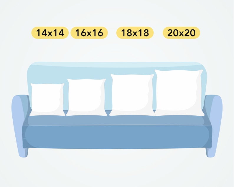 May include: A light blue sofa with four white pillows. The sofa has a light blue back and seat, and the arms are a darker blue. The pillows are all the same size and are arranged in a row across the back of the sofa. The sofa is sitting on a light gray background. The text above the sofa reads "14x14", "16x16", "18x18", and "20x20".