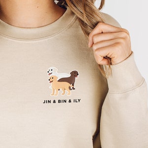 Pode incluir: Uma camisa de moletom bege com um gr&aacute;fico de tr&ecirc;s labradores retrievers em diferentes cores. O texto "JIN & BIN & ILY" &eacute; impresso abaixo do gr&aacute;fico.