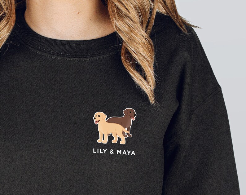Pode incluir: Camisola de moletom preta com um gr&aacute;fico de dois labradores, um marrom claro e outro marrom escuro, com o texto "Lily & Maya" embaixo.