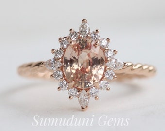 Anillo de compromiso único con zafiro Padparadscha, anillo de zafiro y diamante en oro rosa de 14 k, anillo ovalado con zafiro natural, Padparadscha de Ceilán