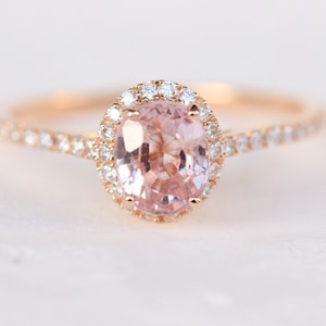 Peach Sapphire Engagement Ring,Peach Pink Sapphire Diamond ring 14k Rose gold, Unique and Simple diamond Engagement Ring