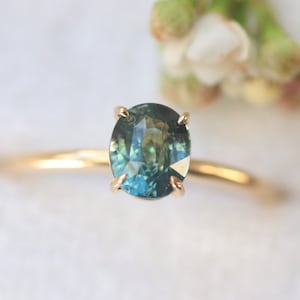 Simple ring for her birthday or anniversarry , Natural Teal Sapphire Ring, Oval Engagement Ring, Yellow Gold Ring, Unique Blue Green Stone