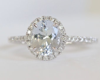2+Carat WHITE sapphire ring,Natural White sapphire engagement ring. Oval Halo Ring in 18k White Gold