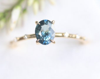 Womens Ring ,Simple Gold diamond Ring, Handmade Teal Sapphire Ring, Oval Sapphire Ring, Unique Sapphire Ring,Nature Inspired Ring