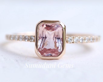 Bezel setting Peach Sapphire Engagement Ring, Unique Sapphire Diamond ring 14k Rose gold, Unique Engagement Ring, Low profile ring