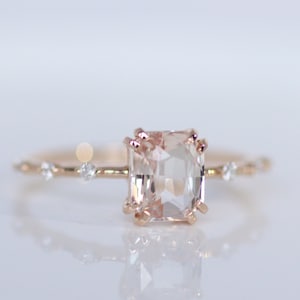 Peach Sapphire Engagement Ring, Light Peach Champagne Sapphire Diamond ring 14k Rose gold, Unique and Simple Engagement Ring