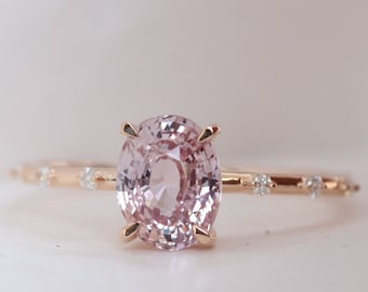 Oval Peach Sapphire Engagement Ring, Light Peach Champagne Sapphire Diamond ring 14k Rose gold, Unique and Simple Engagement Ring for her