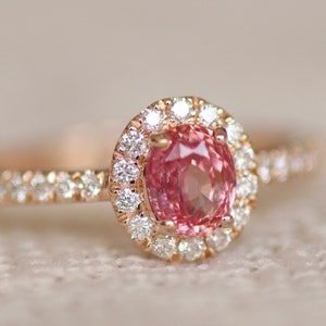 Padparadscha Sapphire Engagement Ring| Natural Sapphire Engagement Ring |Oval Sapphire Ring|Handmade sapphire Diamond Ring
