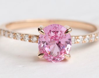 Bague de fiançailles Padparadscha Sapphire, Bague saphir rose, Bague de fiançailles ovale, Bague unique pour elle, Bague saphir Blush