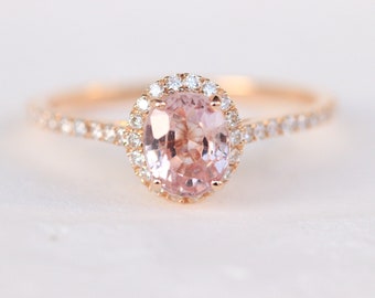 Peach Sapphire Engagement Ring,Peach Pink Sapphire Diamond ring 14k Rose gold, Unique and Simple diamond Engagement Ring
