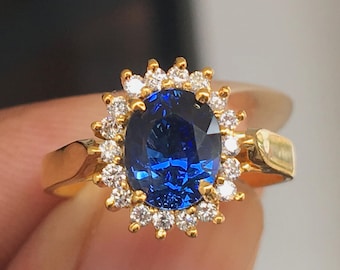 Princess Diana Blue Sapphire Ring With Diamond Halo22k Yellow 