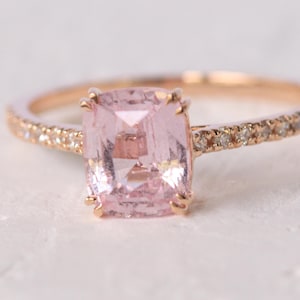 Handmade Peach Sapphire Engagement Ring: 14k Rose Gold Diamond Halo