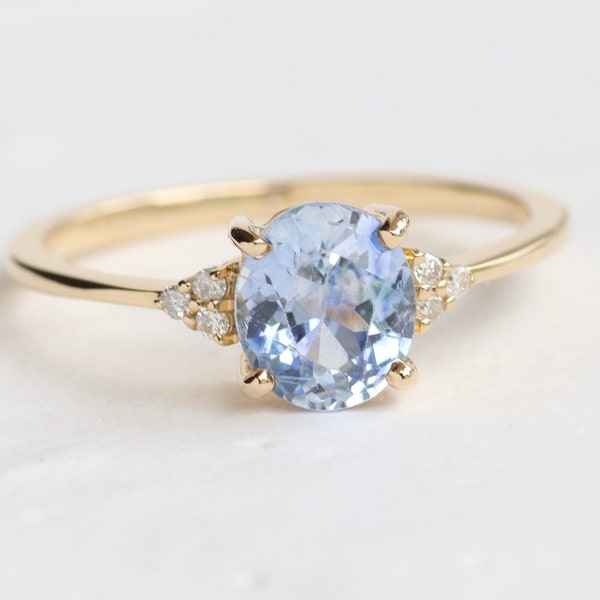 Natural Ice Blue Sapphire Ring.Light Blue Sapphire Oval Diamond Ring 14k Yellow gold ring Diamond Ring for Women ,Ring for mom