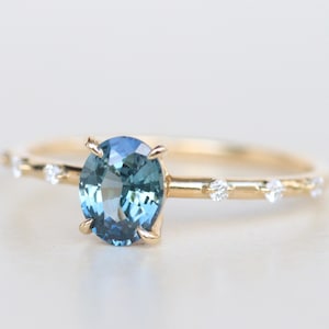 Teal Sapphire Engagement Ring: 14k Gold Oval Montana Style, Diamond Accents