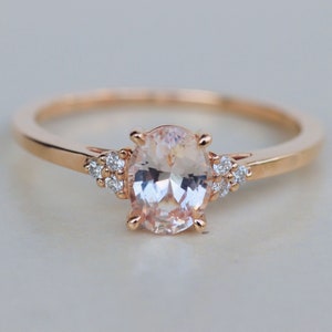 Vintage Engagement Ring Peach Sapphire Oval Engagement Ring Women&#39;s simple ring rose gold minimal diamond ring Dainty Ring
