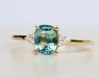 Green Sapphire and Diamond Engagement Ring in Yellow Gold,Three Stone  Teal Sapphire Ring , Blue green Sapphire, Mermaid ring