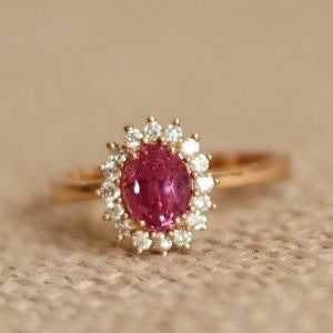 Anillo de zafiro rosa de la princesa Diana con oro rosa, anillo de Diana hecho a mano/anillo de Kate Middleton, anillo de compromiso con zafiro rosa