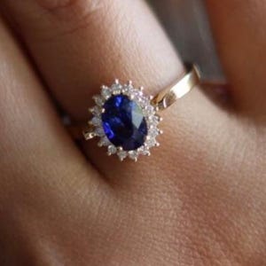Princess Diana Sapphire Ring |Vintage Sapphire Engagement Ring | Blue Sapphire Ring Gold | Blue Sapphire Oval Halo Engagement Ring