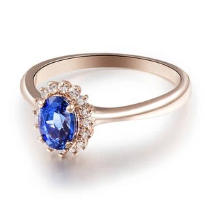 Princess Diana Inspired Blue Sapphire Ring in 18k Rose Gold ,Oval Diamond Engagement Ring ,Ceylon Blue Sapphire Anniversary Ring image 2