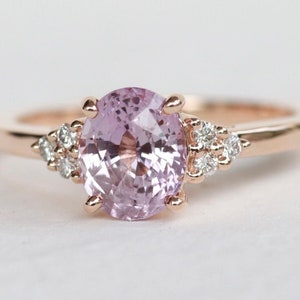 Art Deco 14k Rose Gold Peach Sapphire Ring: Diamond Accent Engagement Ring