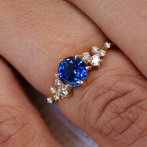 Gorgeous Blue Sapphire & Diamond Cluster Ring – 14k Yellow Gold |A Perfect Gift for Her – Natural Sapphire Wedding or Promise Ring