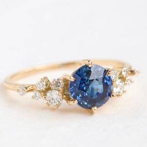 Ceylon Blue Sapphire Engagement Ring: 1.24ct Diamond Cluster, 14k Yellow Gold