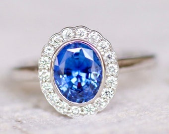 Vintage Sapphire Ring |Blue Sapphire Engagement Ring White Gold |Art Deco Engagement Ring | Oval Sapphire diamond wedding ring