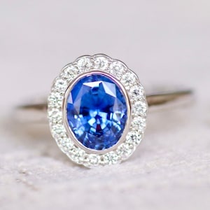 Vintage Sapphire Ring Blue Sapphire Engagement Ring White Gold Art Deco Engagement Ring Oval Sapphire diamond wedding ring image 1