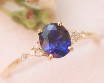 Simple Women's ring, Yellow Gold Sapphire Ring, Royal Blue Sapphire gemstone ring, Handmade Diamond Engagement Ring