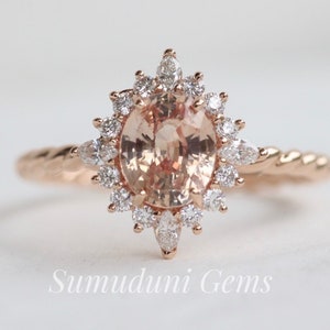 Unieke Padparadscha-saffierverlovingsring, saffierdiamantenring 14k roségoud, natuurlijke ovale saffierring, Ceylon Padparadscha