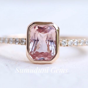 Bezel setting Peach Sapphire Engagement Ring, Unique Sapphire Diamond ring 14k Rose gold, Unique Engagement Ring, Low profile ring