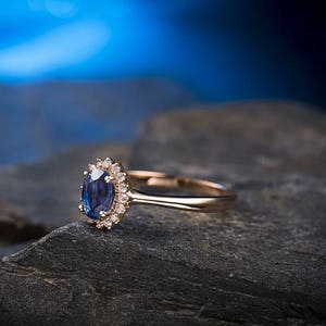 Princess Diana Inspired Blue Sapphire Ring in 18k Rose Gold ,Oval Diamond Engagement Ring ,Ceylon Blue Sapphire Anniversary Ring image 1